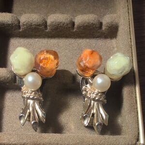 Vintage Set Lot Of Gold Tone Orange Clip-On Earrings